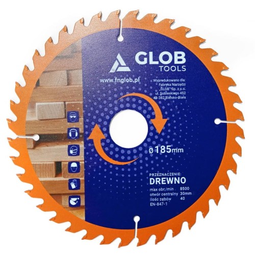 Tarcza tnąca TCT do cięcia drewna Glob Tools 185 mm / 40z