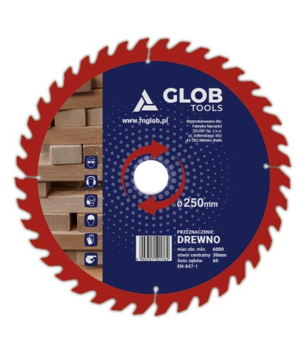 Tarcza tnąca TCT do cięcia drewna Glob Tools 250 mm / 60z